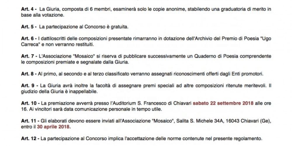 Undicesima edizione del Premio di Poesia Ugo Carreca: iscrizioni aperte